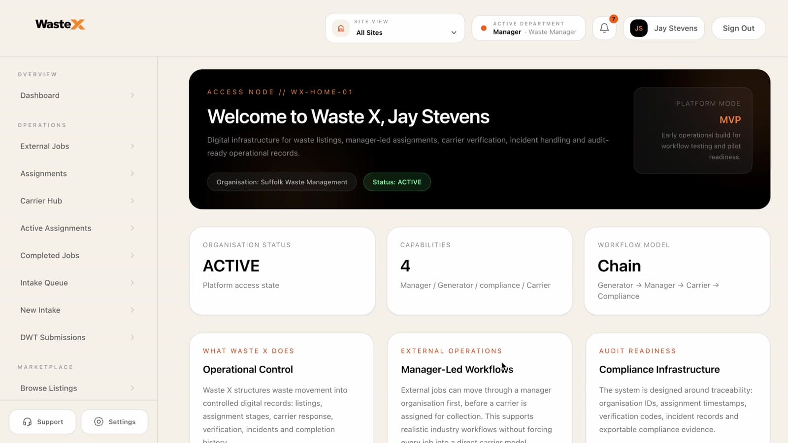 Waste X dashboard showing organisation status, capabilities and workflow overview