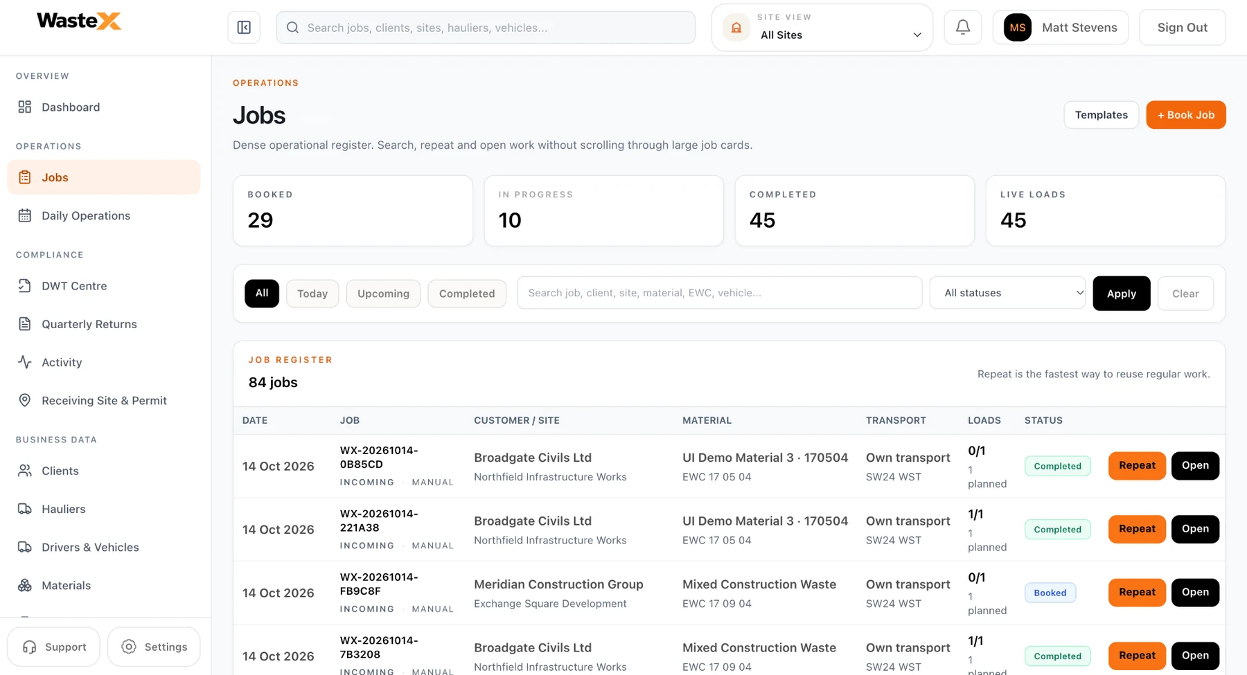 Waste X Jobs register showing customers and operational jobs
